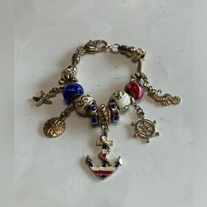 Nautical Theme Beach Charm Bracelet Gold Tone Slide Beads, 7.5"